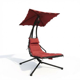 Curved Hanging Chaise Lounge Swing Chair with Umbrella, Steel Hammock Lounger for Outdoor