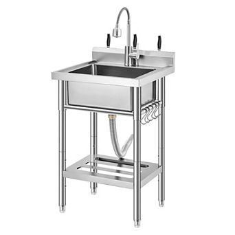 Freestanding Stainless Steel Utility Sink with Hot/Cold Faucet, Storage Shelf & Adjustable Legs