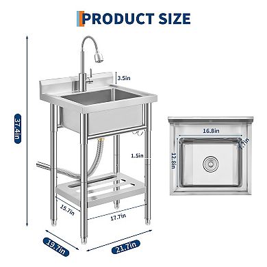 Freestanding Stainless Steel Utility Sink with Hot/Cold Faucet, Storage Shelf & Adjustable Legs