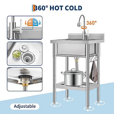 Freestanding Stainless Steel Utility Sink with Hot/Cold Faucet, Storage Shelf & Adjustable Legs