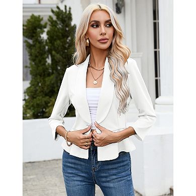 Women's Blazer 3/4 Sleeve Ruffle Hem Slim Jacket Casual Fitted Elegant Suit Jackets with Button