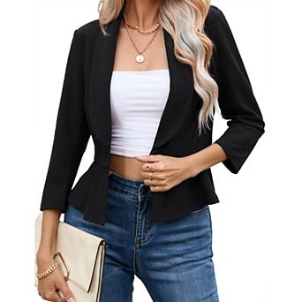 Women's Blazer 3/4 Sleeve Ruffle Hem Slim Jacket Casual Fitted Elegant Suit Jackets with Button