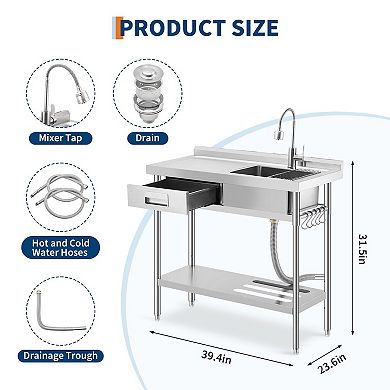 Freestanding Utility Sink with Workbench, 39.5" Stainless Steel Single Bowl w/Hot/Cold Faucet