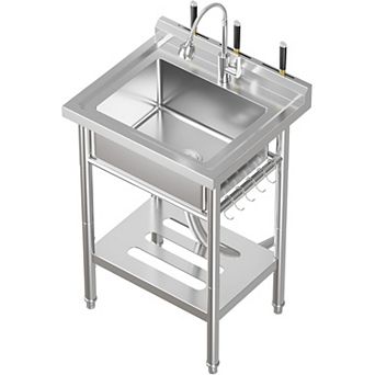 NSF Stainless Steel Utility Sink, Single Bowl w/Pull-Out Hot/Cold Faucet, Shelf & S-Hooks