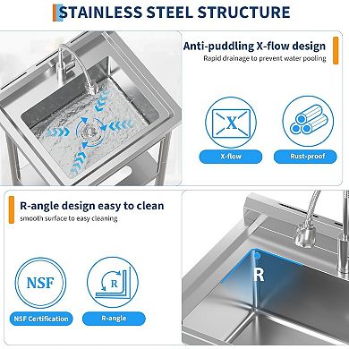 NSF Stainless Steel Utility Sink, Single Bowl w/Pull-Out Hot/Cold Faucet, Shelf & S-Hooks