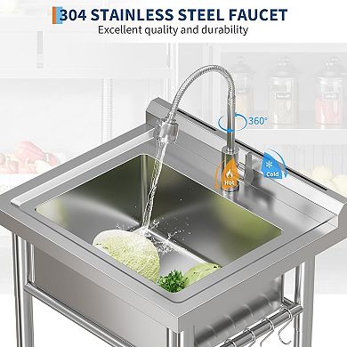 NSF Stainless Steel Utility Sink, Single Bowl w/Pull-Out Hot/Cold Faucet, Shelf & S-Hooks