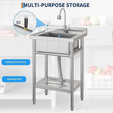 NSF Stainless Steel Utility Sink, Single Bowl w/Pull-Out Hot/Cold Faucet, Shelf & S-Hooks