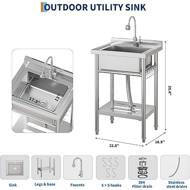NSF Stainless Steel Utility Sink, Single Bowl w/Pull-Out Hot/Cold Faucet, Shelf & S-Hooks