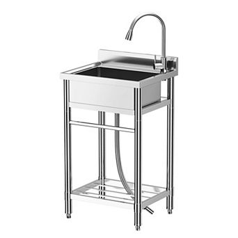 NSF Stainless Steel Utility Sink, Freestanding Single Bowl w/Hot/Cold Faucet & Storage Shelf, 24"