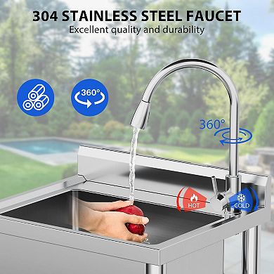 NSF Stainless Steel Utility Sink, Freestanding Single Bowl w/Hot/Cold Faucet & Storage Shelf, 24"