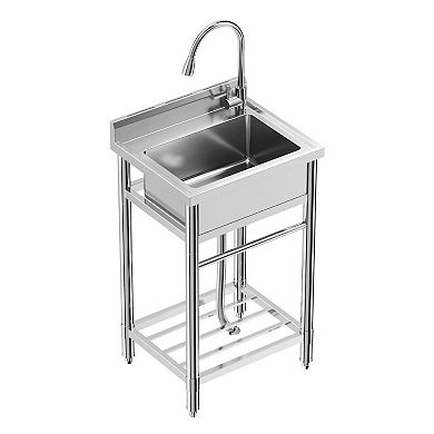 NSF Stainless Steel Utility Sink, Freestanding Single Bowl w/Hot/Cold Faucet & Storage Shelf, 24"