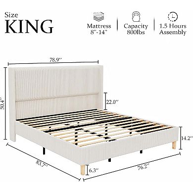 Bed Frame, Corduroy Upholstered with Wingback Headboard, No Box Spring Needed