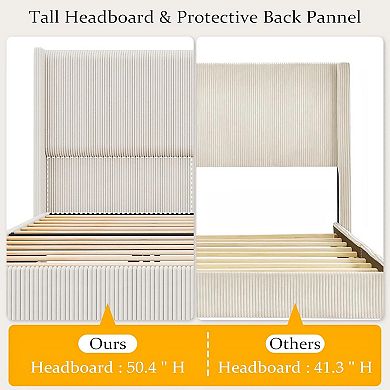 Bed Frame, Corduroy Upholstered with Wingback Headboard, No Box Spring Needed