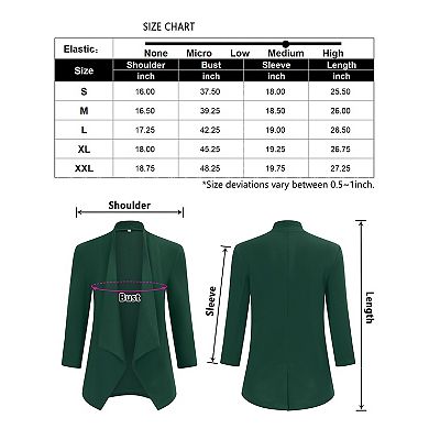 Women's Collarless Blazer 3/4 Sleeve Split Back Jacket Buttonless Office Casual Coat
