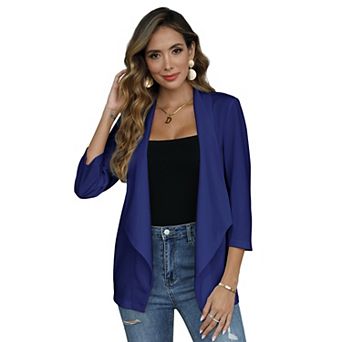Women's Collarless Blazer 3/4 Sleeve Split Back Jacket Buttonless Office Casual Coat