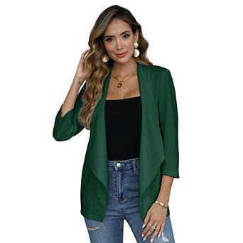 Women's Collarless Blazer 3/4 Sleeve Split Back Jacket Buttonless Office Casual Coat