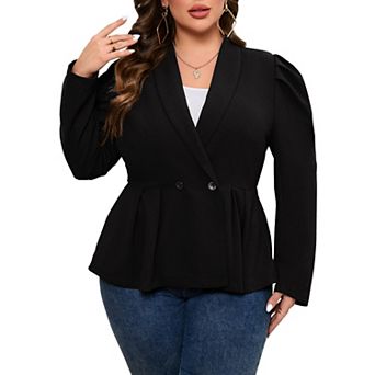 Womens Plus Size Blazer Casual Business Knit Blazer Long Puff Sleeve Lapel Suit Jackets