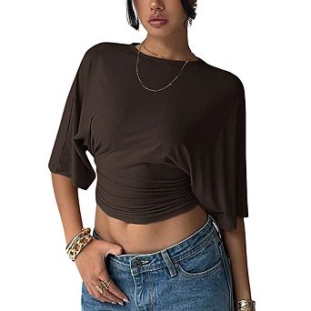Women Batwing Sleeve Crop Top Loose Fit Crew Neck Ruched Waist Cropped T-Shirt