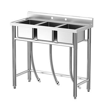 NSF 3-Compartment Stainless Steel Utility Sink, Freestanding Commercial Sink w/Adjustable Legs