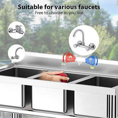 NSF 3-Compartment Stainless Steel Utility Sink, Freestanding Commercial Sink w/Adjustable Legs