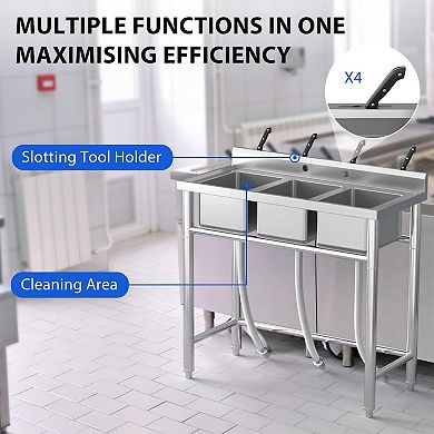 NSF 3-Compartment Stainless Steel Utility Sink, Freestanding Commercial Sink w/Adjustable Legs