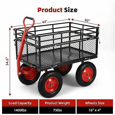 Heavy-Duty Garden Utility Cart, High Load Capacity Wagon with Removable Mesh Sides, Swivel Handle