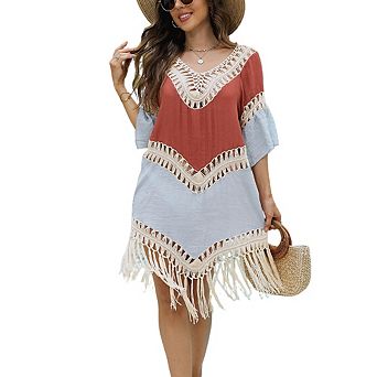 Women Boho Crochet Beach Cover Up Color Block Tassel Hem Swimsuit Coverup