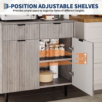 Fluted Coffee Bar Cabinet 2 Drawers, Adjustable Shelves, Modern