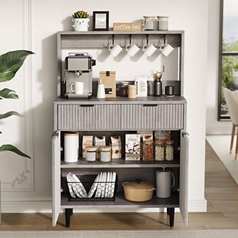 Fluted Coffee Bar Cabinet 2 Drawers, Adjustable Shelves, Modern