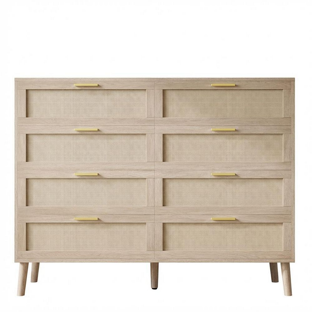 8 Drawer Rattan Dresser with 5 Legs, Farmhouse Wood Chest for Bedroom