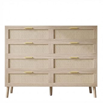 8 Drawer Rattan Dresser with 5 Legs, Farmhouse Wood Chest for Bedroom