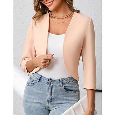 Womens Cropped Blazer Casual Elegant 3/4 Sleeve Collarless Open Front Bolero Cardigan