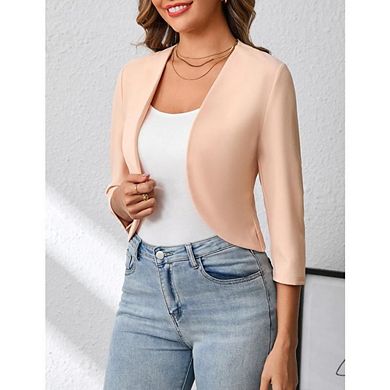 Womens Cropped Blazer Casual Elegant 3/4 Sleeve Collarless Open Front Bolero Cardigan