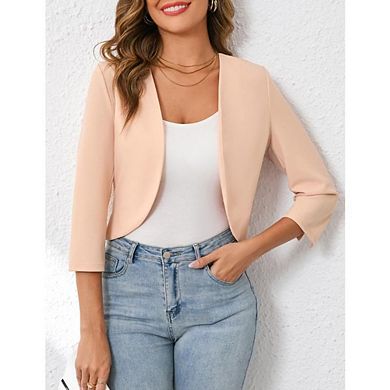 Womens Cropped Blazer Casual Elegant 3/4 Sleeve Collarless Open Front Bolero Cardigan
