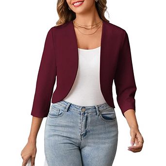 Womens Cropped Blazer Casual Elegant 3/4 Sleeve Collarless Open Front Bolero Cardigan