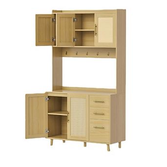Kitchen Pantry Cabinet with Rattan Doors and Storage Drawers