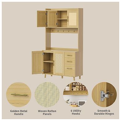 Kitchen Pantry Cabinet with Rattan Doors and Storage Drawers