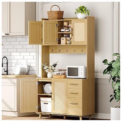 Kitchen Pantry Cabinet with Rattan Doors and Storage Drawers
