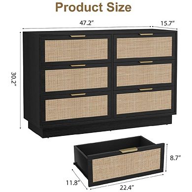 6 Drawer Rattan Dresser with Integrated Cabinet and Legs