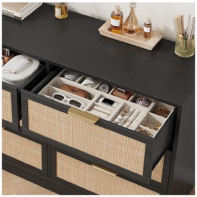 6 Drawer Rattan Dresser with Integrated Cabinet and Legs