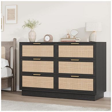 6 Drawer Rattan Dresser with Integrated Cabinet and Legs
