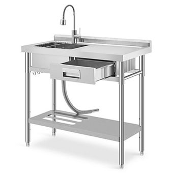 Freestanding Utility Sink with Workbench, 39.5" Single Bowl w/Hot/Cold Pull-Out Faucet(Right Drawer)