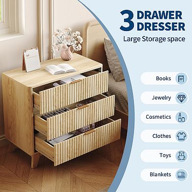 Fluted Night Stand with 3 Drawer Dresser, Storage Nightstand Modern Side Table for Living Room
