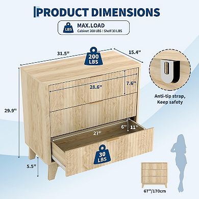 Fluted Night Stand with 3 Drawer Dresser, Storage Nightstand Modern Side Table for Living Room