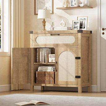 Rattan Sideboard Buffet Cabinets with Storage, Farmhouse Kitchen Accent Storage Cabinet with Drawer