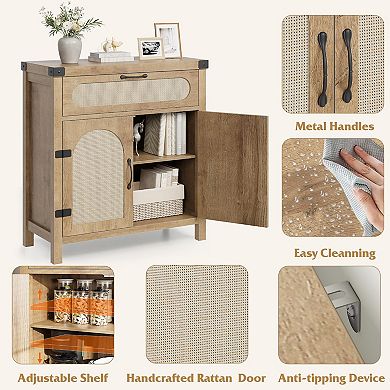 Rattan Sideboard Buffet Cabinets with Storage, Farmhouse Kitchen Accent Storage Cabinet with Drawer