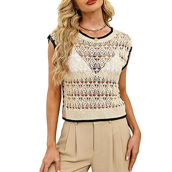 Women's Hollow Out Knit Top Contrast Trim Sleeveless Crop Vest Casual Summer Beach Cover Up Top