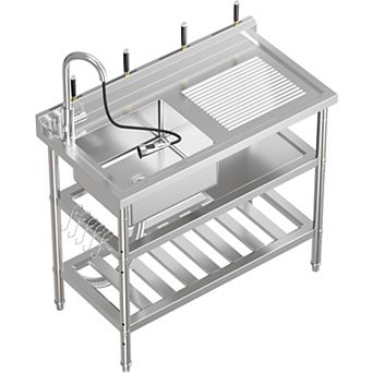 NSF Stainless Steel Utility Sink, Single Bowl w/Pull-Out Hot/Cold Faucet, Shelf, S-Hooks