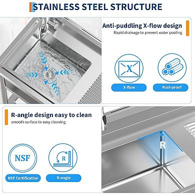 NSF Stainless Steel Utility Sink, Single Bowl w/Pull-Out Hot/Cold Faucet, Shelf, S-Hooks