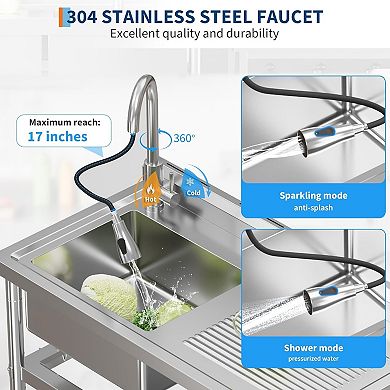 NSF Stainless Steel Utility Sink, Single Bowl w/Pull-Out Hot/Cold Faucet, Shelf, S-Hooks